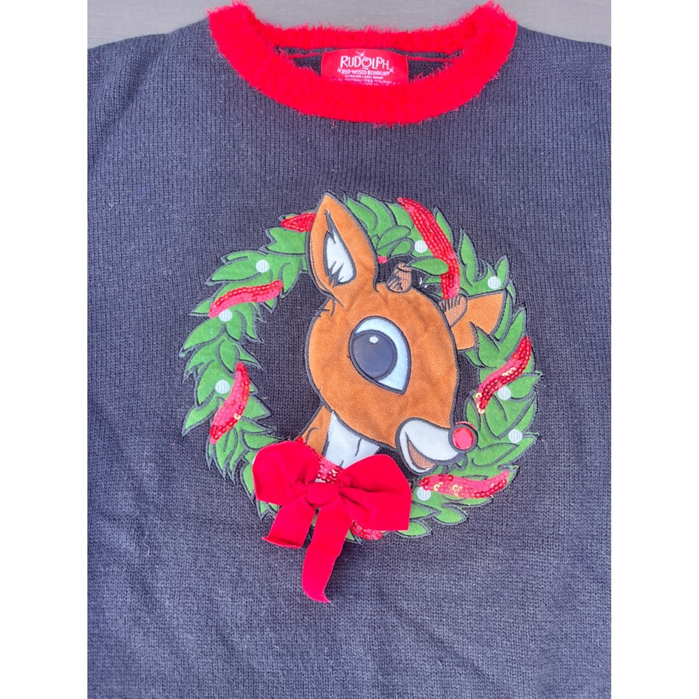 Rudolph Red Nosed Reindeer Christmas Sweater Gray Sequin Wreath Bow Large
